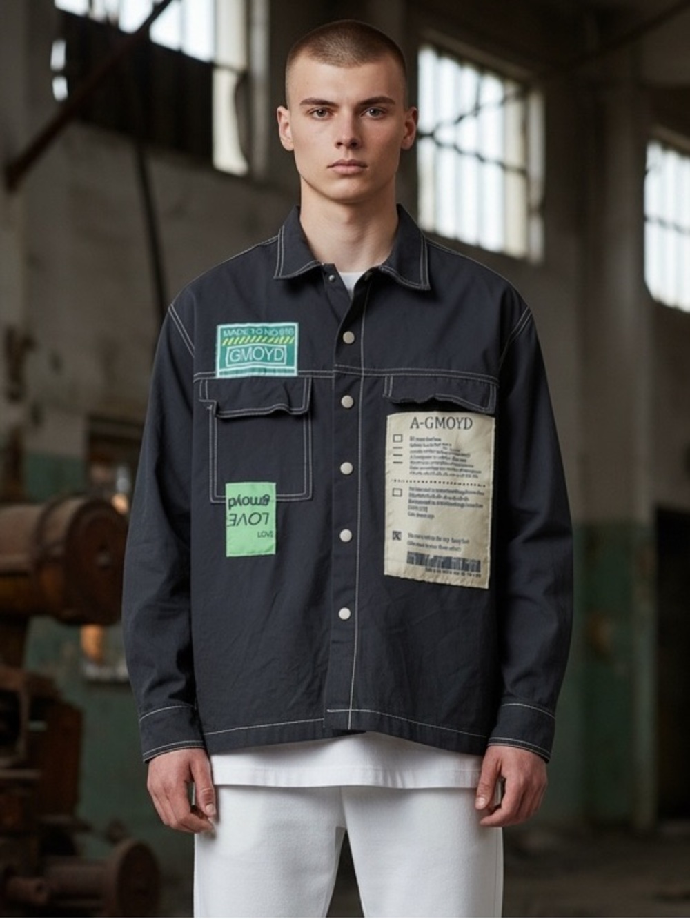 GMOYD Men's Black Patchwork Button-Up Jacket with Green Accents